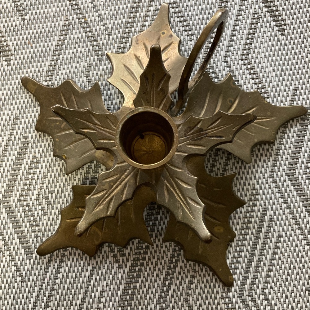 Brass Tone Holly Leaf Candle Holder VINTAGE
